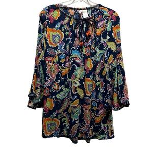 Anne Cole Blue & Multicolor Paisley Boho Top w/ Bell Sleeves - Extra Small (XS)